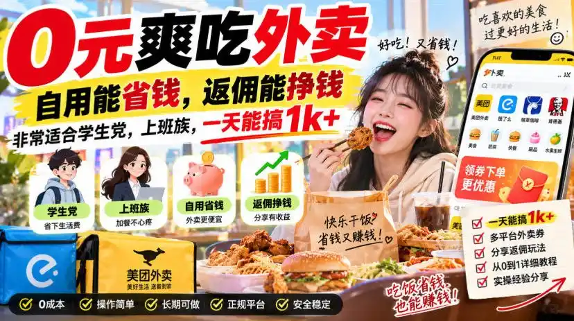 0元爽吃外卖，自用能省钱，返佣能挣钱，非常适合学生党，上班族，一天能搞1k+-亿起创业网-副业兼职月入过万-自媒体、引流推广、网赚项目、短视频、技术教程等创业项目资源