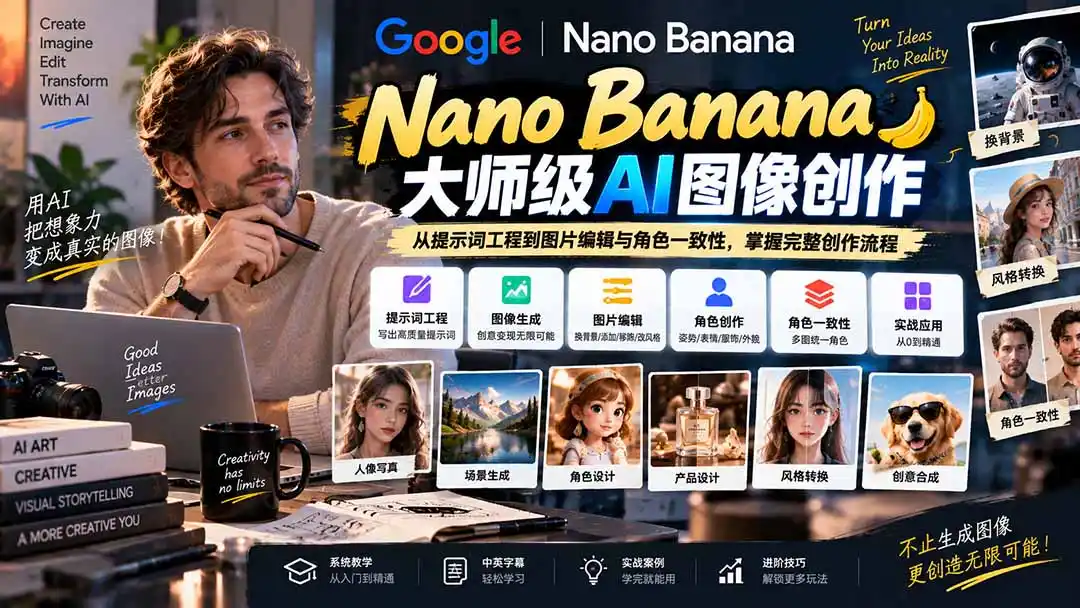 【无水印】Nano Banana大师级AI图像实战课：从提示词工程到图片编辑与角色一致性，掌握完整创作流程-亿起创业网-副业兼职月入过万-自媒体、引流推广、网赚项目、短视频、技术教程等创业项目资源