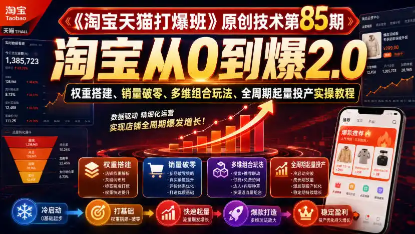 《淘宝天猫打爆班》原创技术第85期，淘宝从0到爆2.0，权重搭建、销量破零、多维组合玩法、全周期起量投产实操教程-亿起创业网-副业兼职月入过万-自媒体、引流推广、网赚项目、短视频、技术教程等创业项目资源