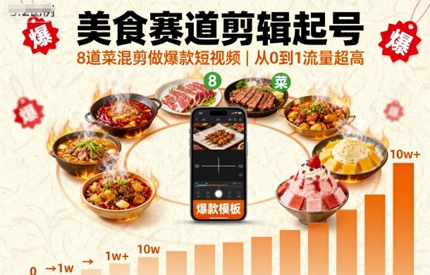 美食赛道剪辑起号，8道菜混剪做爆款短视频，从0到1，流量超高-亿佰盟网