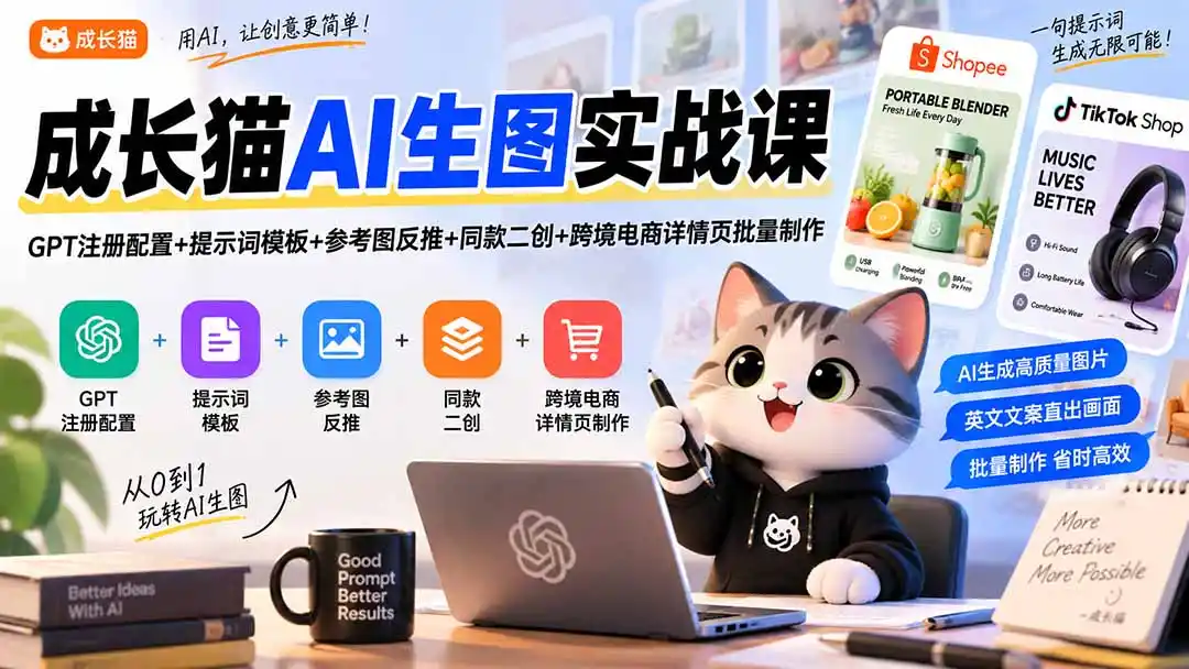 成长猫AI生图实战课｜GPT注册配置+提示词模板+参考图反推+同款二创+跨境电商详情页批量制作-亿起创业网-副业兼职月入过万-自媒体、引流推广、网赚项目、短视频、技术教程等创业项目资源