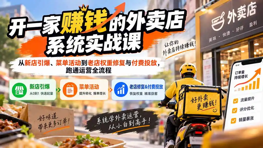 开一家赚钱的外卖店系统实战课:从新店引爆、菜单活动到老店权重修复与付费投放,跑通运营全流程 开一家赚钱的外卖店系统实战课:从新店引爆、菜单活动到老店权重修复与付费投放,跑通运营全流程