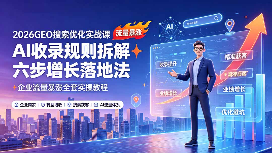 2026GEO搜索优化实战课：AI收录规则拆解｜六步增长落地法｜企业流量暴涨全套实操教程-亿起创业网-副业兼职月入过万-自媒体、引流推广、网赚项目、短视频、技术教程等创业项目资源