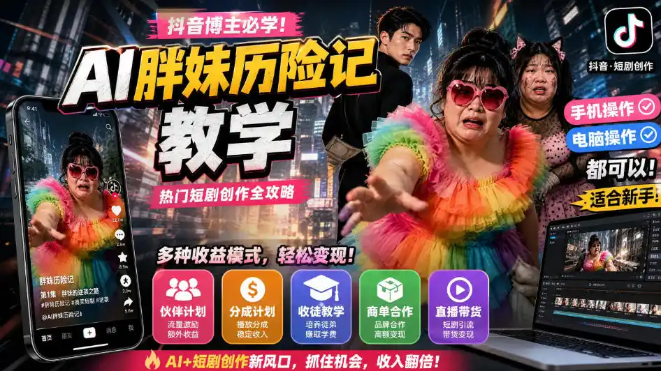抖音博主的AI胖妹历险记教学，伙伴计划+分成计划+收徒+商单等多种收益，适合新手，手机电脑都可以操作-亿起创业网-副业兼职月入过万-自媒体、引流推广、网赚项目、短视频、技术教程等创业项目资源