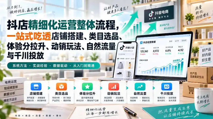 李哥电商-抖店精细化运营整体流程，一站式吃透店铺搭建、类目选品、体验分拉升、动销玩法、自然流量与千川投放-亿起创业网-副业兼职月入过万-自媒体、引流推广、网赚项目、短视频、技术教程等创业项目资源