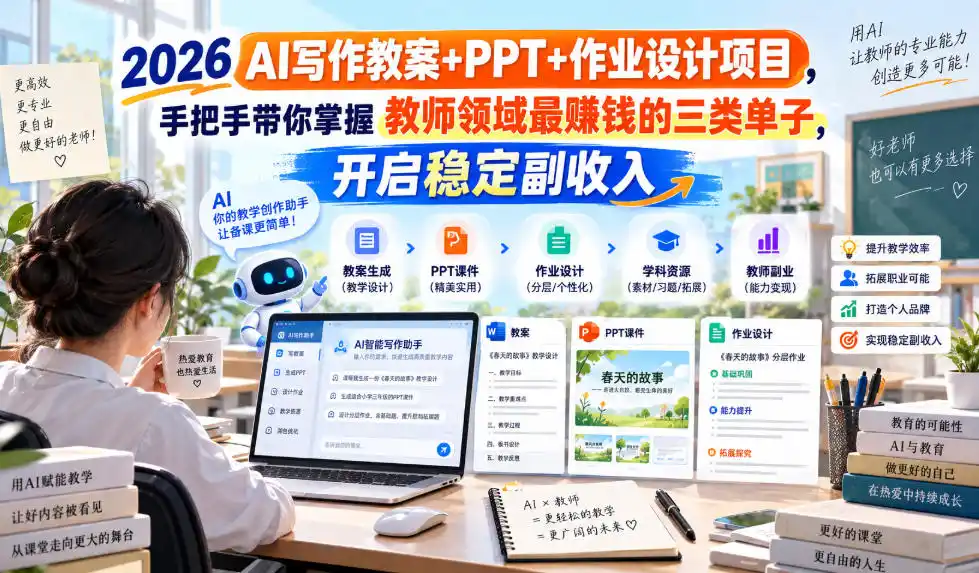 2026 AI写作教案+PPT+作业设计项目，手把手带你掌握教师领域最賺钱的三类单子，开启稳定副收入-亿起创业网-副业兼职月入过万-自媒体、引流推广、网赚项目、短视频、技术教程等创业项目资源