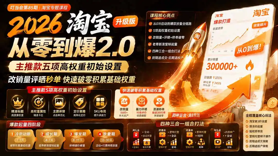2026淘宝从零到爆2.0第85期；主推款五项高权重初始设置，改销量评晒秒单快速破零积累基础权重-亿起创业网-副业兼职月入过万-自媒体、引流推广、网赚项目、短视频、技术教程等创业项目资源