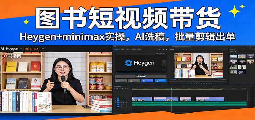图书短视频带货：Heygen+minimax实操，AI洗稿 ，批量剪辑出单-亿佰盟网