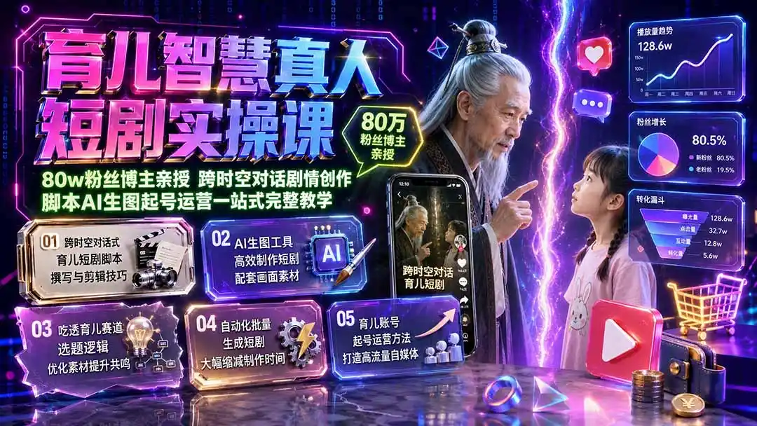 育儿智慧真人短剧实操课｜80w粉丝博主亲授，跨时空对话剧情创作，脚本AI生图起号运营一站式完整教学-亿起创业网-副业兼职月入过万-自媒体、引流推广、网赚项目、短视频、技术教程等创业项目资源