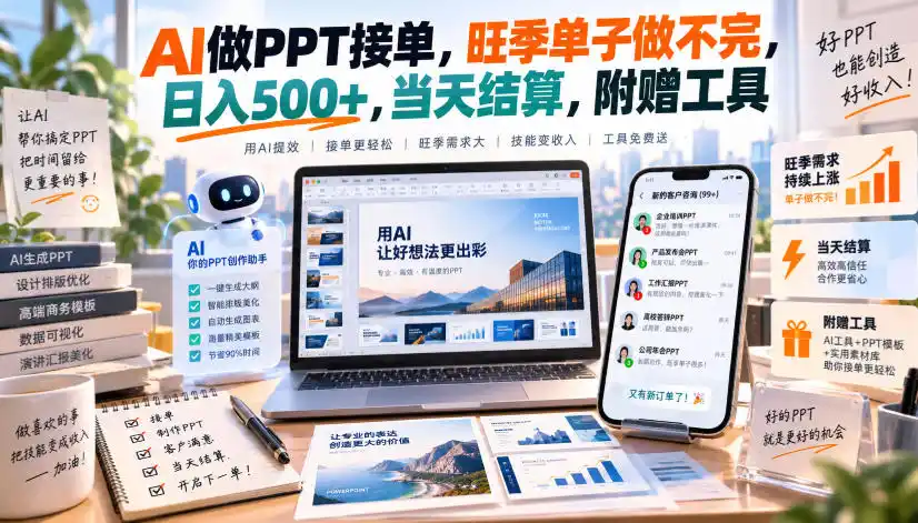 AI做PPT接单，旺季单子做不完，日入500+，当天结算，附赠工具【揭秘】-亿起创业网-副业兼职月入过万-自媒体、引流推广、网赚项目、短视频、技术教程等创业项目资源