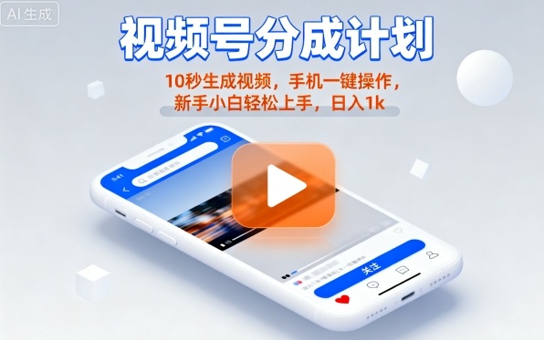 视频号分成计划懒人玩法，10秒生成视频，手机一键操作，新手小白轻松上手，日入1K【揭秘】-亿佰盟网
