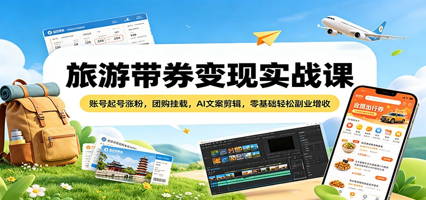 旅游带券变现实战课：账号起号涨粉，团购挂载，AI文案剪辑，零基础轻松副业增收-亿起创业网-副业兼职月入过万-自媒体、引流推广、网赚项目、短视频、技术教程等创业项目资源