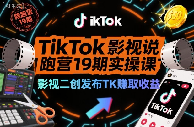 TikTok影视解说陪跑营19期实操课，影视二创发布TK賺取收益，万播收益50美金-亿佰盟网