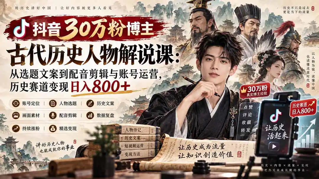 抖音30万粉博主古代历史人物解说课：从选题文案到配音剪辑与账号运营，历史赛道变现日入800+-亿起创业网-副业兼职月入过万-自媒体、引流推广、网赚项目、短视频、技术教程等创业项目资源
