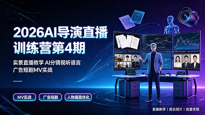 2026AI导演直播训练营第4期，实景直播教学AI分镜视听语言，广告短剧MV实战，解决人物画面崩坏痛点-亿起创业网-副业兼职月入过万-自媒体、引流推广、网赚项目、短视频、技术教程等创业项目资源
