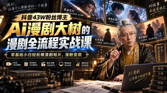 抖音43W粉丝博主Ai漫剧大树的漫剧制作全流程实战课，零基础小白轻松做漫剧短片，涨粉变现-亿起创业网-副业兼职月入过万-自媒体、引流推广、网赚项目、短视频、技术教程等创业项目资源