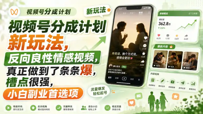 视频号分成计划新玩法，反向良性情感视频，真正做到了条条爆，槽点很强，小白副业首选项-亿起创业网-副业兼职月入过万-自媒体、引流推广、网赚项目、短视频、技术教程等创业项目资源