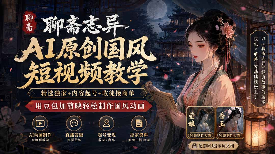 聊斋志异AI原创国风短视频教学-更新；精选独家+内容起号+收徒接商单，用豆包加剪映轻松制作国风动画-亿起创业网-副业兼职月入过万-自媒体、引流推广、网赚项目、短视频、技术教程等创业项目资源