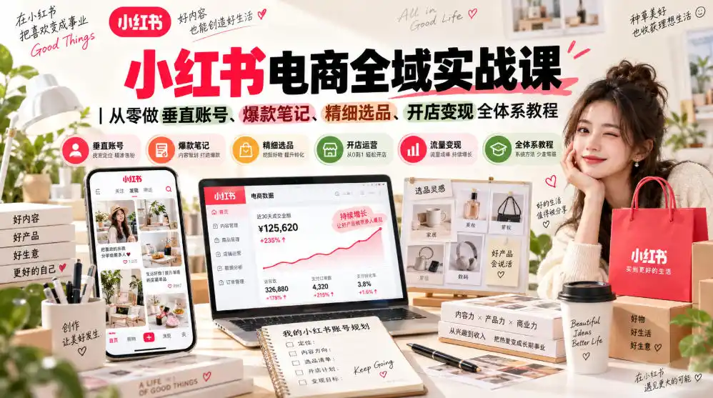 小红书电商全域实战课｜从零做垂直账号、爆款笔记、精细选品、开店变现全体系教程-亿起创业网-副业兼职月入过万-自媒体、引流推广、网赚项目、短视频、技术教程等创业项目资源