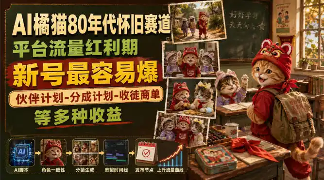 AI橘猫80年代怀旧赛道，平台流量红利期，新号最容易爆，伙伴计划-分成计划-收徒商单等多种收益-亿起创业网-副业兼职月入过万-自媒体、引流推广、网赚项目、短视频、技术教程等创业项目资源