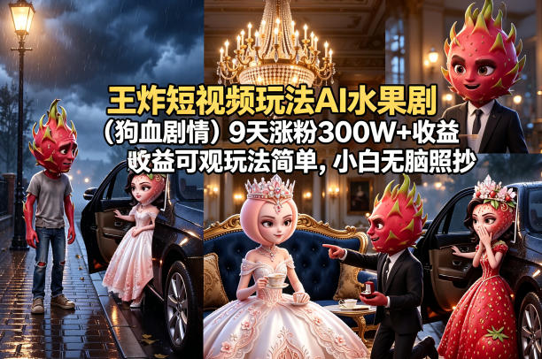 王炸短视频玩法AI水果剧(狗血剧情)9天涨粉300W+收益可观玩法简单，小白无脑照抄，详细拆解玩法-亿起创业网-副业兼职月入过万-自媒体、引流推广、网赚项目、短视频、技术教程等创业项目资源