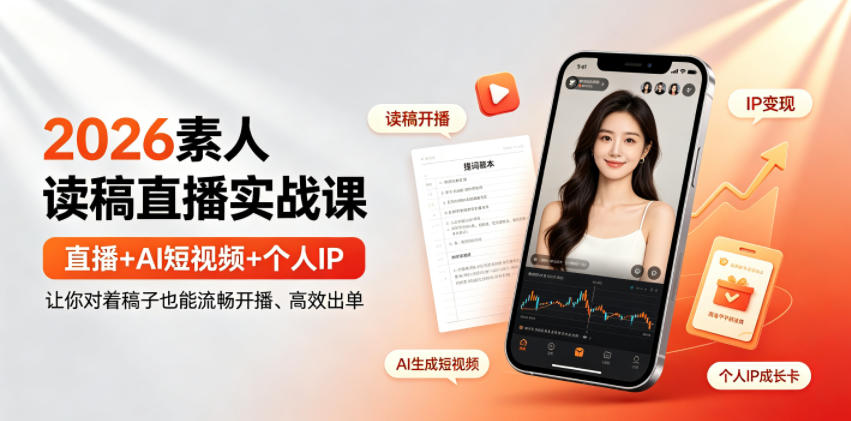 2026素人读稿直播实战课｜直播+AI短视频+个人IP，让你对着稿子也能流畅开播、高效出单-亿起创业网-副业兼职月入过万-自媒体、引流推广、网赚项目、短视频、技术教程等创业项目资源