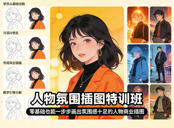 人物氛围插图特训班，零基础也能一步步画出氛围感十足的人物商业插图-亿起创业网-副业兼职月入过万-自媒体、引流推广、网赚项目、短视频、技术教程等创业项目资源