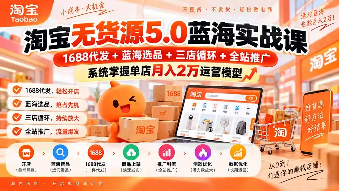 淘宝无货源5.0蓝海实战课-更新0927：1688代发+蓝海选品+三店循环+全站推广，系统掌握单店月入2万运营模型-亿起创业网-副业兼职月入过万-自媒体、引流推广、网赚项目、短视频、技术教程等创业项目资源