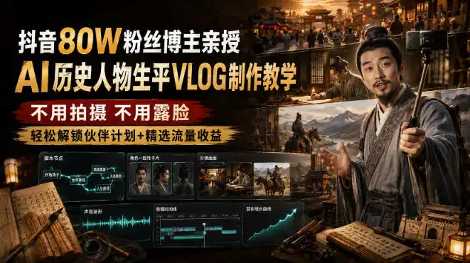抖音80W粉丝博主的AI历史人物生平VLOG教学，不用拍摄不用露脸，AI帮你搞定，轻松解锁伙伴计划+精选收益-亿起创业网-副业兼职月入过万-自媒体、引流推广、网赚项目、短视频、技术教程等创业项目资源