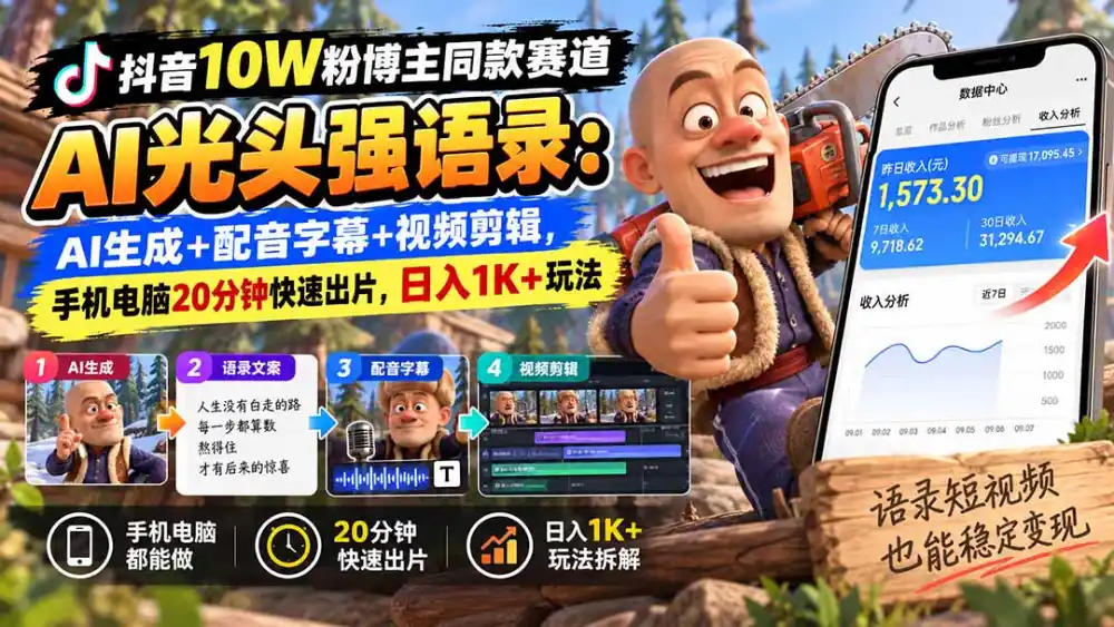 【无水印】抖音10W粉博主同款赛道AI光头强语录：AI生成+配音字幕+视频剪辑，手机电脑20分钟快速出片，日入1K+玩法-亿起创业网-副业兼职月入过万-自媒体、引流推广、网赚项目、短视频、技术教程等创业项目资源