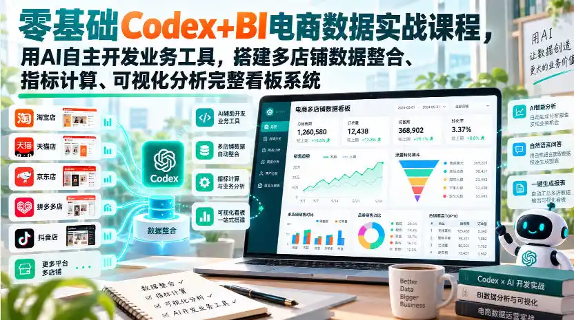 零基础Codex+BI电商数据实战课程，用AI自主开发业务工具，搭建多店铺数据整合、指标计算、可视化分析完整看板系统-亿起创业网-副业兼职月入过万-自媒体、引流推广、网赚项目、短视频、技术教程等创业项目资源