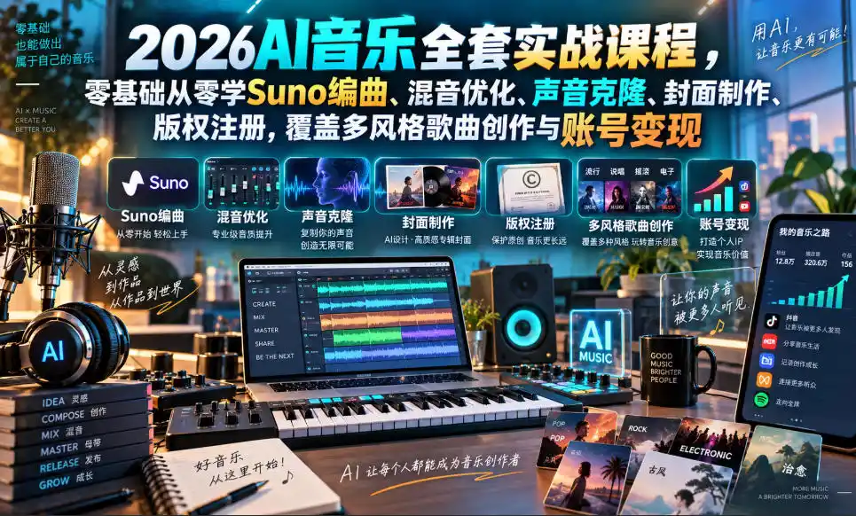 2026AI音乐实战课程，零基础从零学Suno编曲、混音优化、声音克隆、版权注册，覆盖多风格歌曲创作与账号变现-亿起创业网-副业兼职月入过万-自媒体、引流推广、网赚项目、短视频、技术教程等创业项目资源
