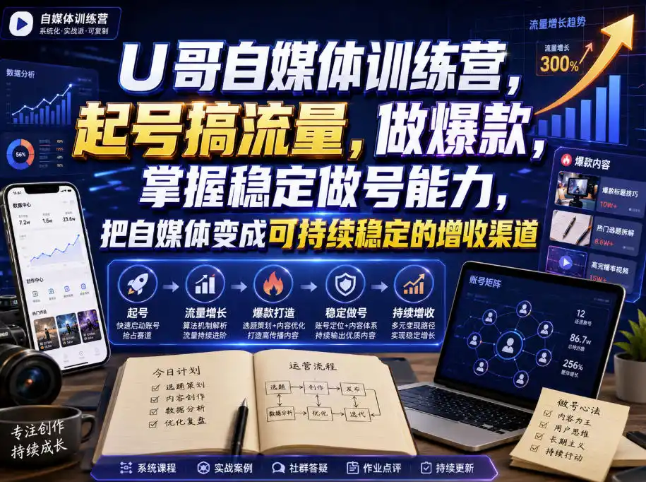 U哥自媒体训练营，起号搞流量，做爆款，掌握稳定做号能力，把自媒体变成可持续稳定的增收渠道-亿起创业网-副业兼职月入过万-自媒体、引流推广、网赚项目、短视频、技术教程等创业项目资源