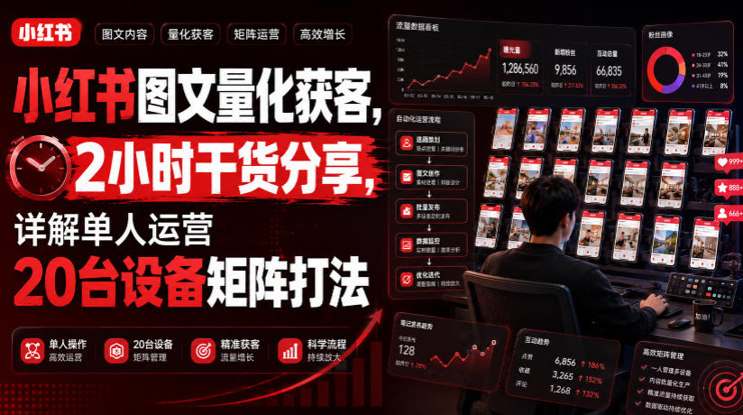 小红书图文量化获客，2小时干货分享，详解单人运营20台设备矩阵打法-亿起创业网-副业兼职月入过万-自媒体、引流推广、网赚项目、短视频、技术教程等创业项目资源