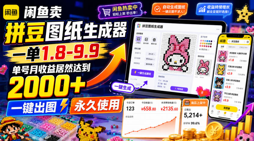 闲鱼卖拼豆图纸生成器，一单1.8-9.9，单号月收益居然达到2000+一键出图永久使用-亿起创业网-副业兼职月入过万-自媒体、引流推广、网赚项目、短视频、技术教程等创业项目资源