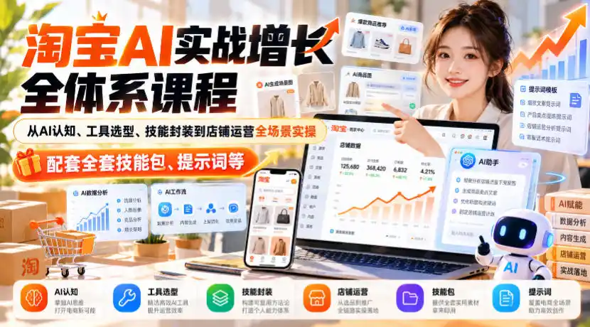 淘宝AI实战增长全体系课程，从AI认知、工具选型、技能封装到店铺运营全场景实操，配套全套技能包、提示词等-亿起创业网-副业兼职月入过万-自媒体、引流推广、网赚项目、短视频、技术教程等创业项目资源