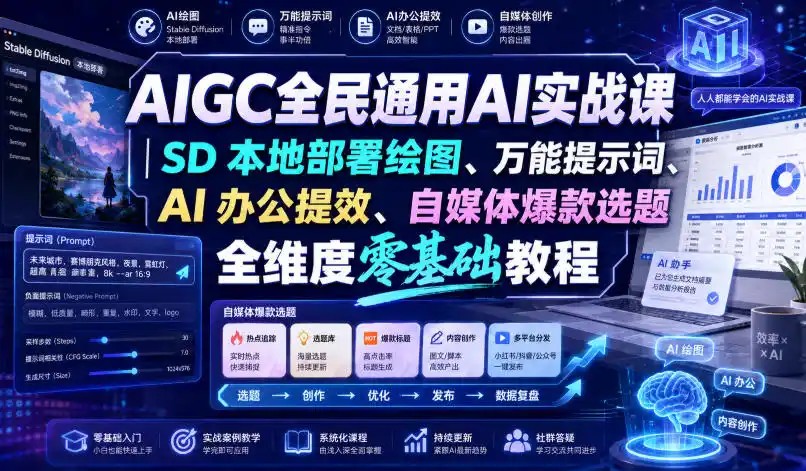 AIGC全民通用AI实战课|SD本地部署绘图、万能提示词、AI办公提效、自媒体爆款选题全维度零基础教程-亿起创业网-副业兼职月入过万-自媒体、引流推广、网赚项目、短视频、技术教程等创业项目资源