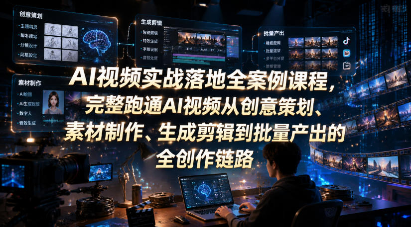 AI视频实战落地全案例课程，完整跑通AI视频从创意策划、素材制作、生成剪辑到批量产出的全创作链路-亿起创业网-副业兼职月入过万-自媒体、引流推广、网赚项目、短视频、技术教程等创业项目资源