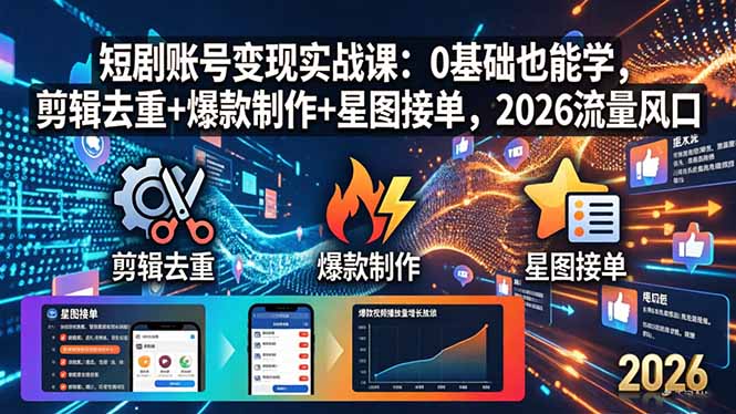 短剧账号变现实战课：0基础也能学，剪辑去重+爆款制作+星图接单，2026流量风口-亿起创业网-副业兼职月入过万-自媒体、引流推广、网赚项目、短视频、技术教程等创业项目资源