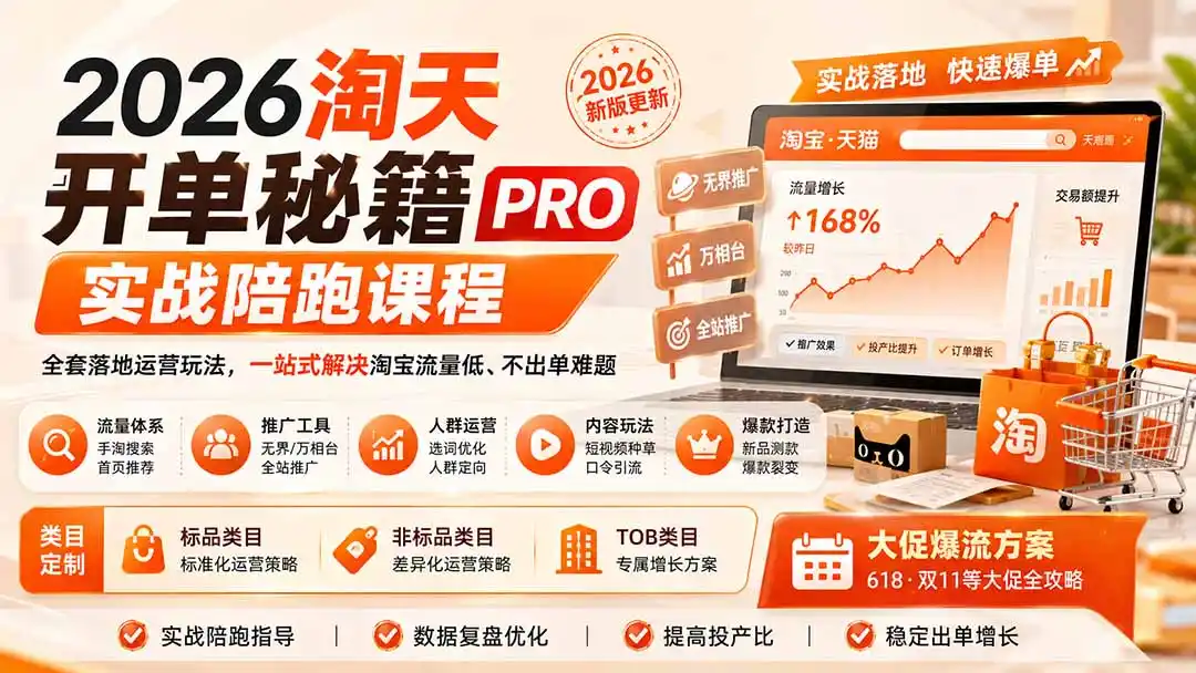 2026淘天开单秘籍PRO实战陪跑课程：全套落地运营玩法，一站式解决淘宝流量低、不出单难题(更新260906-亿起创业网-副业兼职月入过万-自媒体、引流推广、网赚项目、短视频、技术教程等创业项目资源