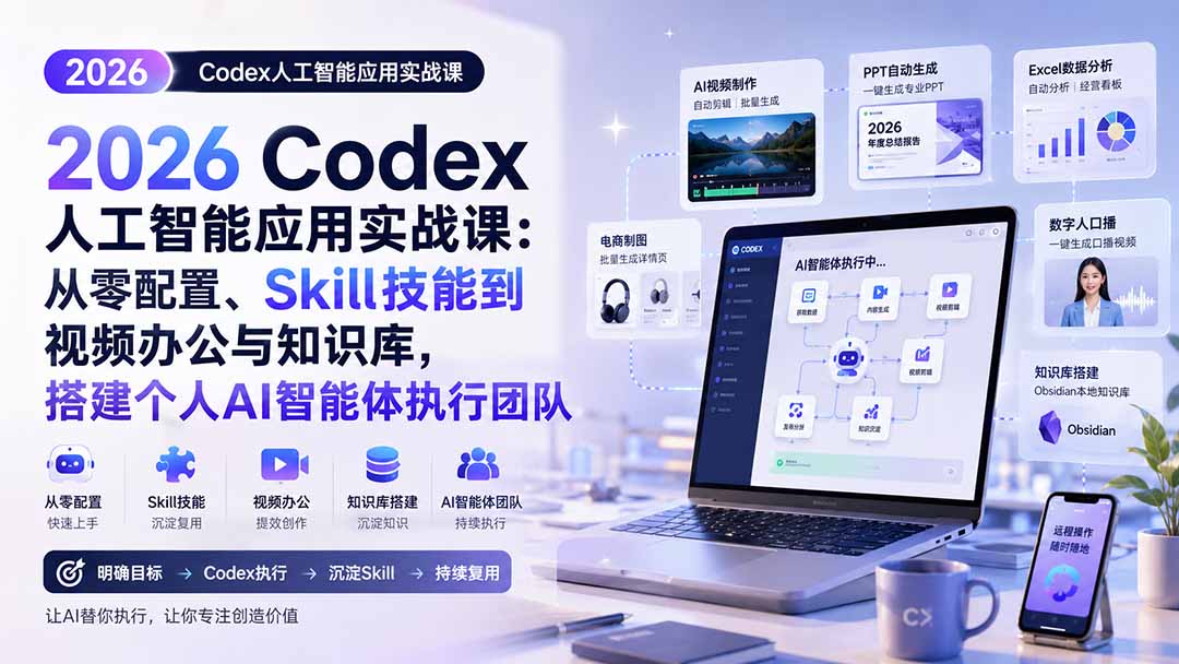 2026 Codex人工智能应用实战课：从零配置、Skill技能到视频办公与知识库，搭建个人AI智能体执行团队-亿起创业网-副业兼职月入过万-自媒体、引流推广、网赚项目、短视频、技术教程等创业项目资源