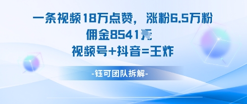 一条视频18W点赞，涨粉6.5W粉佣金8541米，视频号+抖音=王炸-亿佰盟网