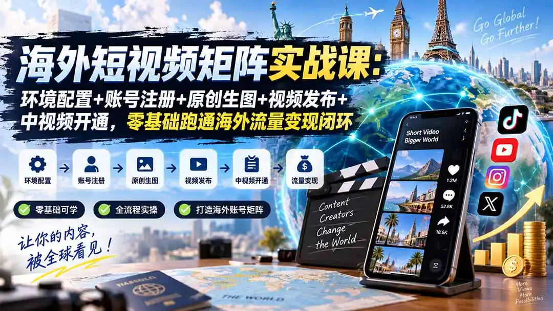 海外短视频矩阵实战课：环境配置+账号注册+原创生图+视频发布+中视频开通，零基础跑通海外流量变现闭环-亿起创业网-副业兼职月入过万-自媒体、引流推广、网赚项目、短视频、技术教程等创业项目资源