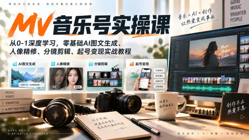 AI MV音乐号实操课，从0-1深度学习，零基础AI图文生成、人像精修、分镜剪辑、起号变现实战教程-亿起创业网-副业兼职月入过万-自媒体、引流推广、网赚项目、短视频、技术教程等创业项目资源