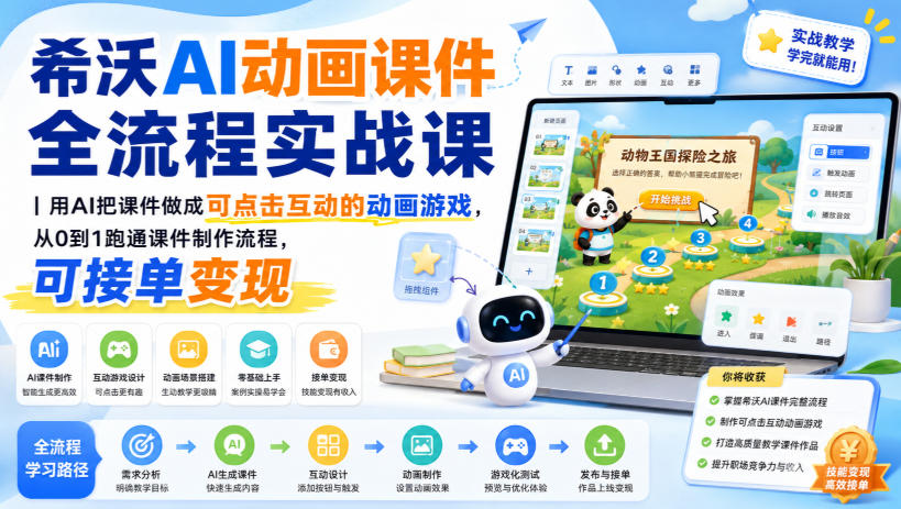 希沃AI动画课件全流程实战课｜用AI把课件做成可点击互动的动画游戏，从0到1跑通课件制作流程，可接单变现-亿起创业网-副业兼职月入过万-自媒体、引流推广、网赚项目、短视频、技术教程等创业项目资源