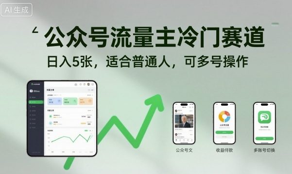 公众号流量主冷门赛道，日入5张，适合普通人，可多号操作-亿佰盟网