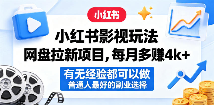 小红书影视玩法网盘拉新项目，每月多賺4k+，有无经验都可以做，普通人最好的副业选择-亿起创业网-副业兼职月入过万-自媒体、引流推广、网赚项目、短视频、技术教程等创业项目资源