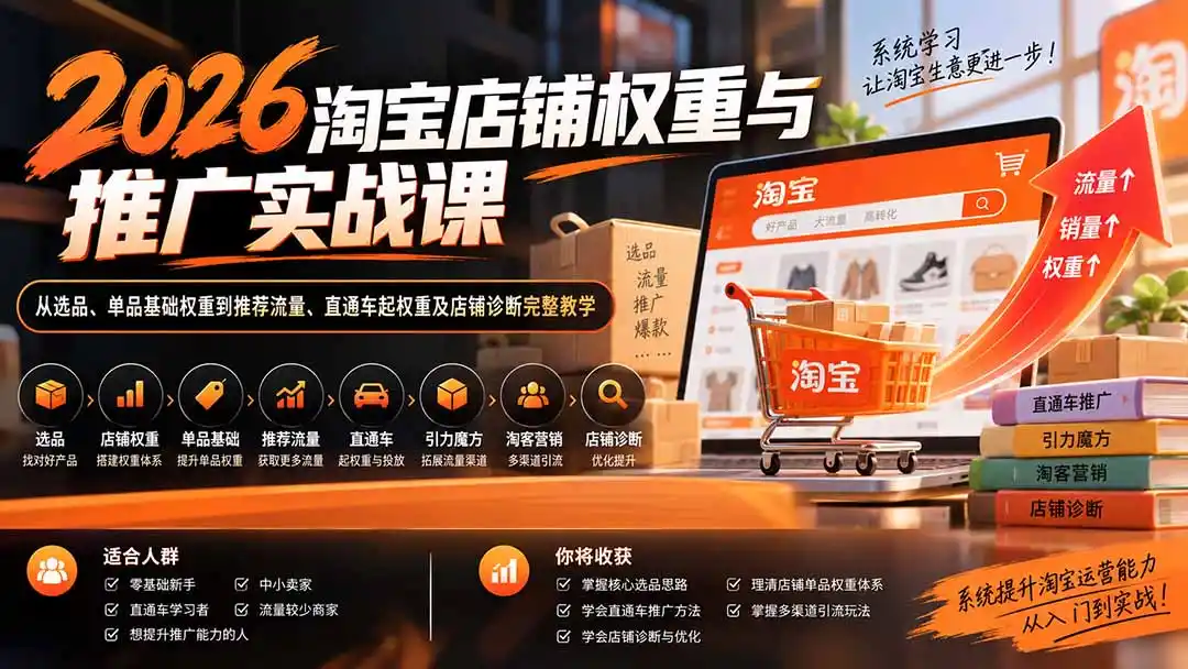 2026淘宝店铺权重与推广实战课：从选品、单品基础权重到推荐流量、直通车起权重及店铺诊断完整教学-亿起创业网-副业兼职月入过万-自媒体、引流推广、网赚项目、短视频、技术教程等创业项目资源