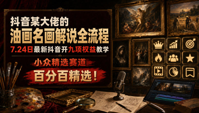抖音某大佬的油画名画解说全流程，7.24日最新抖音开九项权益教学，小众精选赛道，百分百精选！-亿起创业网-副业兼职月入过万-自媒体、引流推广、网赚项目、短视频、技术教程等创业项目资源