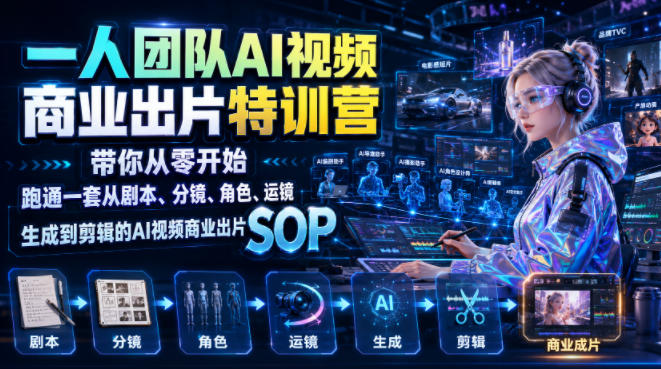 一人团队AI视频商业出片实战课：带你从零开始跑通一套从剧本、分镜、角色、运镜、生成到剪辑的AI视频商业出片SOP-亿起创业网-副业兼职月入过万-自媒体、引流推广、网赚项目、短视频、技术教程等创业项目资源